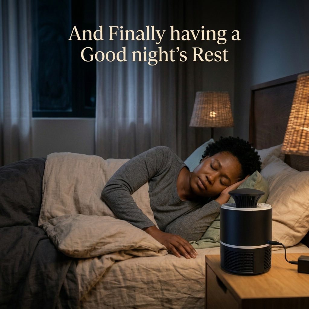 Nighttime scene with the woman sleeping and the headline And Finally having a Good night's Rest